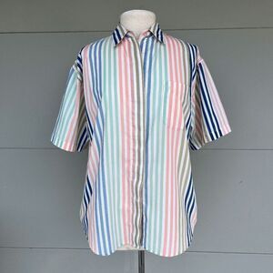 VTG 80s Corner Stone Pastel Stripe Shirt L XL Oversized Short Sleeve Button Up